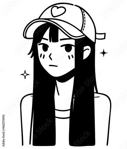 Cute shy girl with long hair and cap — webtoon manga inspired character illustration, charming Korean manhwa style female portrait with blush and modest expression