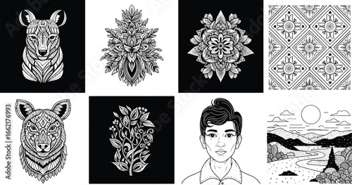Collection of black and white line art illustrations featuring various subjects and styles