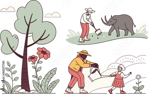 People and elephant nurturing plants and flowers