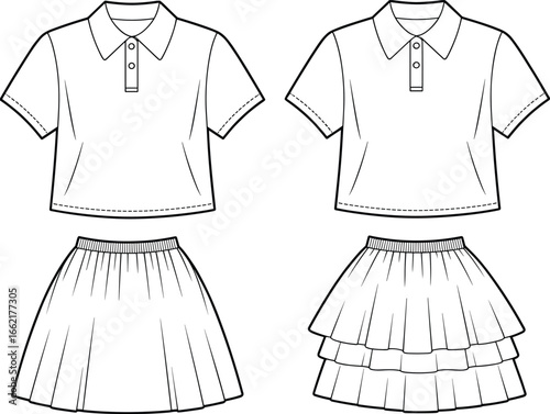 Fashion flat sketch of polo shirt with collar and short sleeves, pleated skirt design, tiered skirt illustration, clothing template, apparel