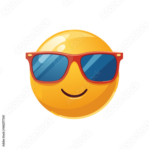Smiley face with stylish sunglasses, expressing coolness and joy, great graphic for social media and summer vibes