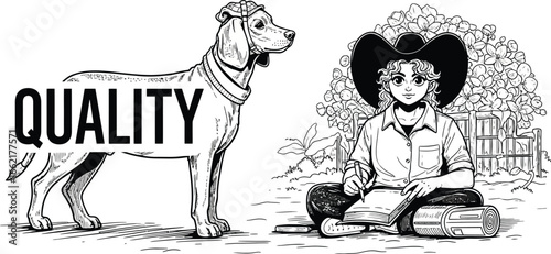 A drawing of a dog with quality written on its body and a person writing in a book outdoors