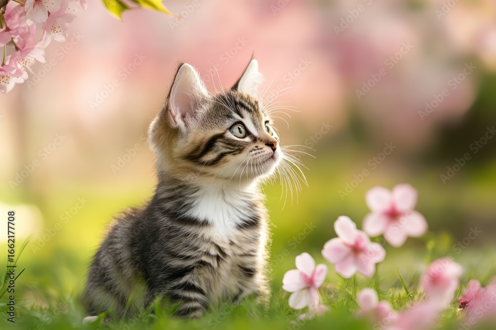 Fototapeta premium Cute Bengal Kitten Sitting Outdoors with Cherry Blossoms