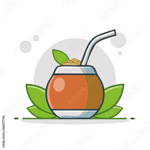 Yerba Mate illustration in traditional gourd with straw, beverage from South America with plant leaves
