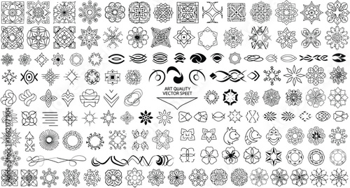 Collection of various abstract geometric and floral designs in black and white vector art quality speet