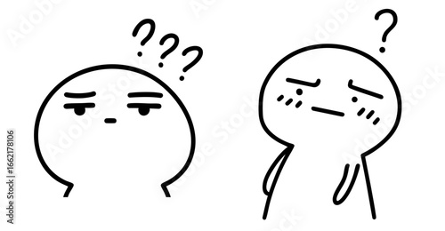 Sticker Characters with Confused and Doubtful Expressions — Question Marks, Blushing Faces, Suspicious and Embarrassed Mood