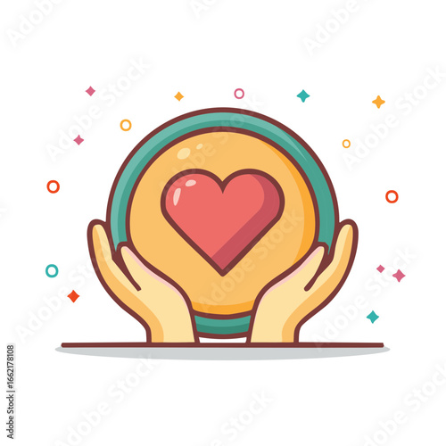 Illustration of Caring Hands Protect a Heart Symbol Graphic with Colorful Sparkles around the Object Depicting Love