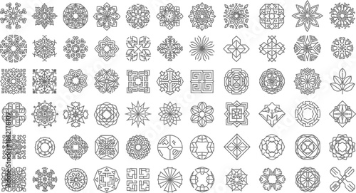 Collection of various geometric shapes and patterns in black and white line art style design elements