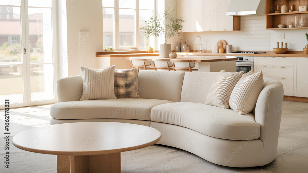 Fototapeta premium Modern curved sofa in a bright living room with kitchen in background