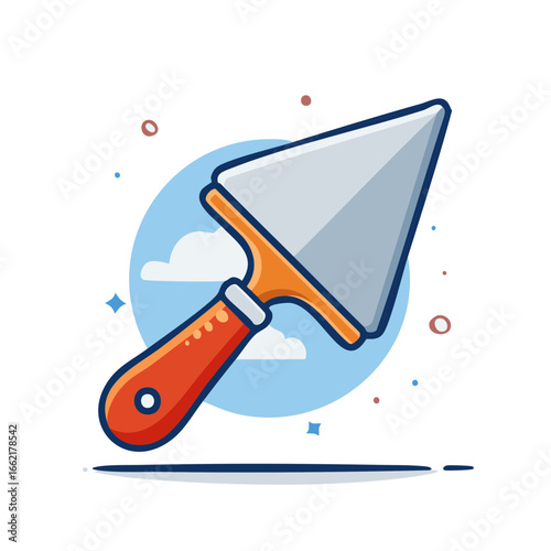Cartoon illustration featuring a trowel with a red handle, representing construction or repair work and tools.