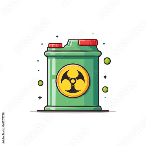 Cartoon style container with radiation warning symbol and green liquid
