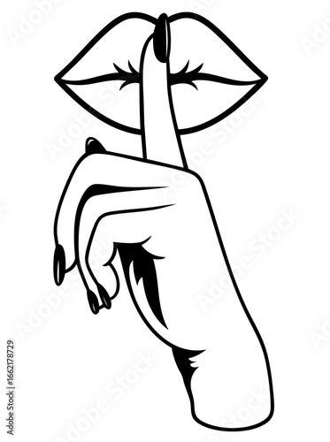 Lips and finger in elegant shushing gesture, silence and secrecy, discreet intimacy, hidden desire and unspoken secret between lovers