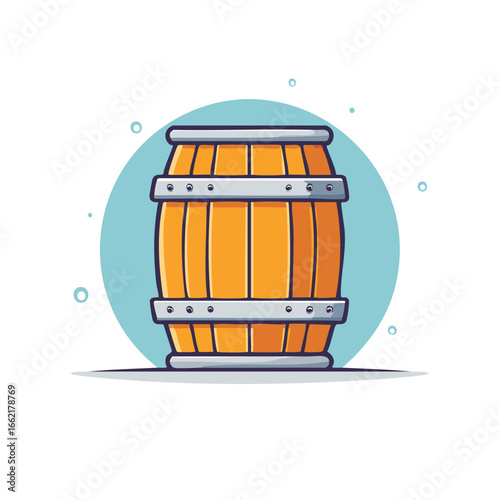 Cartoon illustration of a wooden barrel with metal hoops suitable for storing liquids or aging spirits