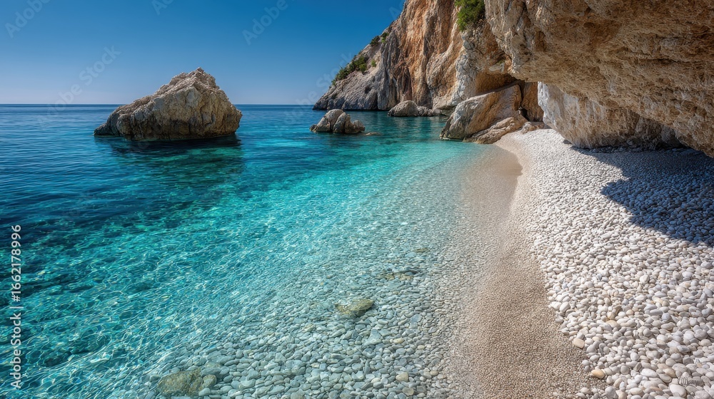 Fototapeta premium Sunny beach cove with crystal-clear turquoise water