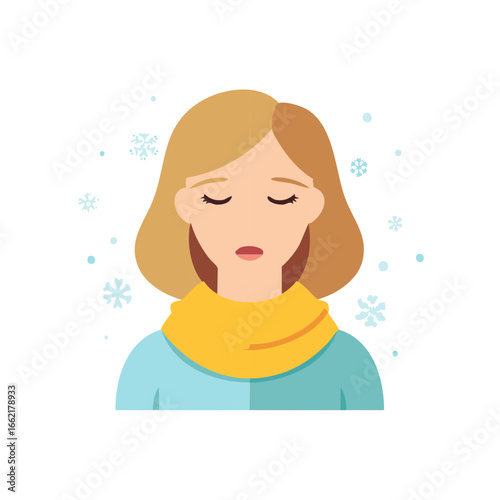 Woman wearing scarf looking sad with falling snowflakes, winter sickness, cold weather