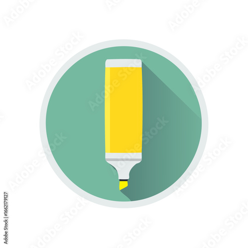 Yellow Highligher Graphic in Teal Circle, Writing Tool Icon, Education Flat Vector