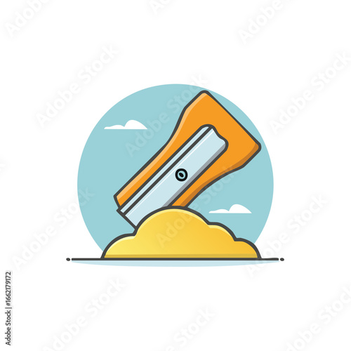 Illustration of an orange pencil sharpener with shavings against a blue circle