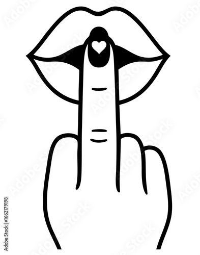 Middle finger lips gesture with heart symbolizing shh silence, intimacy, flirt and provocative expression