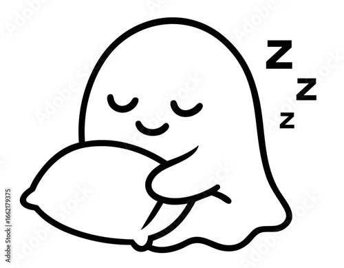 Cute ghost hugging pillow and sleeping with peaceful smile, Zzz symbol, rest, comfort, coziness, bedtime and funny sleepy meme reaction for internet and social med