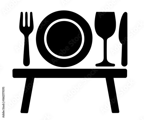 Restaurant Dining Table with Plate, Fork, Knife and Wine Glass — Elegant Hospitality and Catering Symbol for Food Service and Culinary Industry