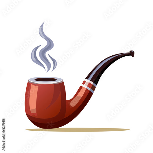 Classic brown tobacco pipe emits smoke in a relaxing setting illustration, cartoon vector art