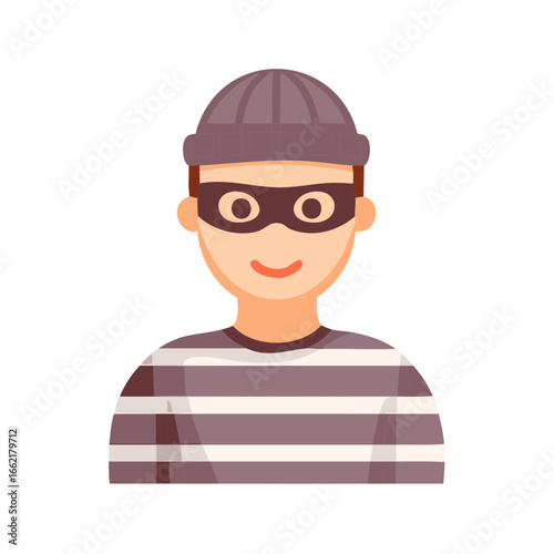 Cartoon Burglar Character with Eye Mask and Striped Shirt Depicted in Minimalist Vector Style for Crime and Security Concepts