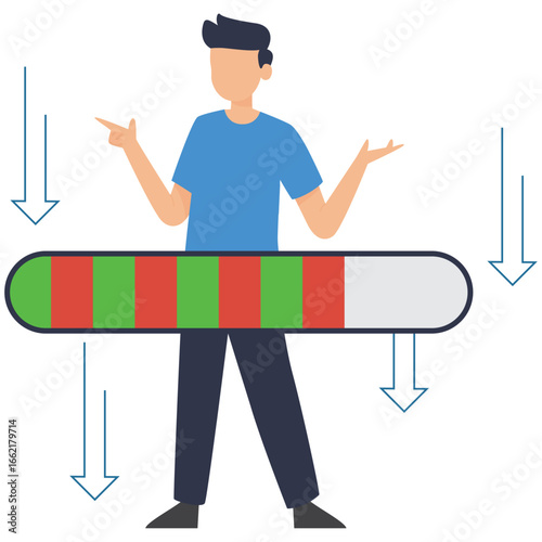 Flat illustration of angry man push rating bar down to show dissatisfaction symbolizing negative feedback or complaint stock illustration