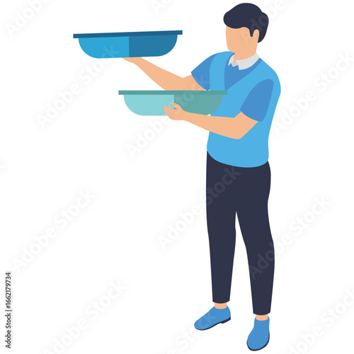 Flat illustration of Businessman compares scales to measure integrity and ethical decisions representing pros and cons stock illustration