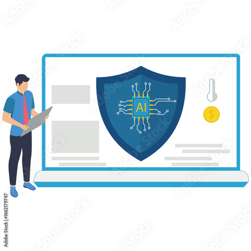 Flat illustration of man using ai for cybersecurity artificial intelligence in security and automating defenses stock illustration