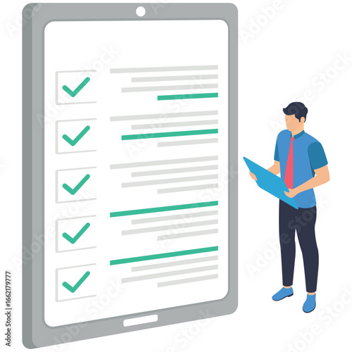 Flat illustration of businessman check business checklist on tablet screen stock illustration