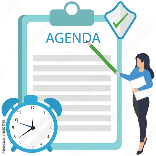 Flat illustration of smart businesswoman hold pencil write meeting agenda checklist with calendar and clock priority of important task stock illustration