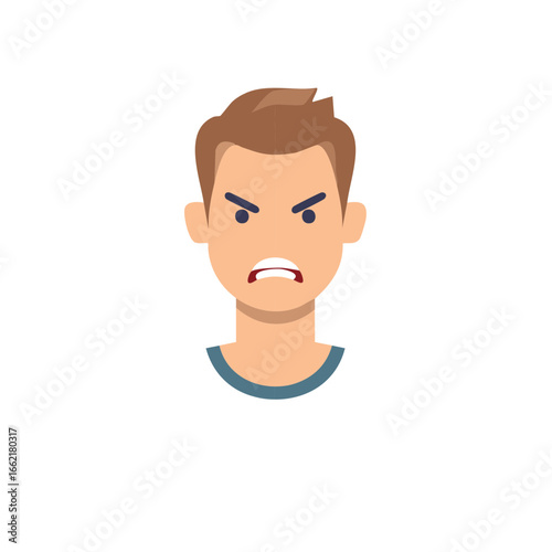 Cartoon Male Face Angry, Fury, Anger, Gritting Teeth. Facial Expressions, Annoyance, Frustration, Displeased