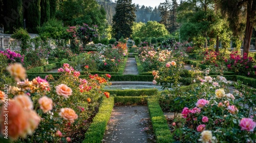 Lush rose garden pathways