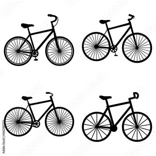 Four black bicycle silhouettes with different handlebar styles on a white background image art design