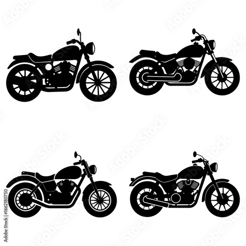Four black motorcycle silhouettes with detailed engines and wheels on a white background display