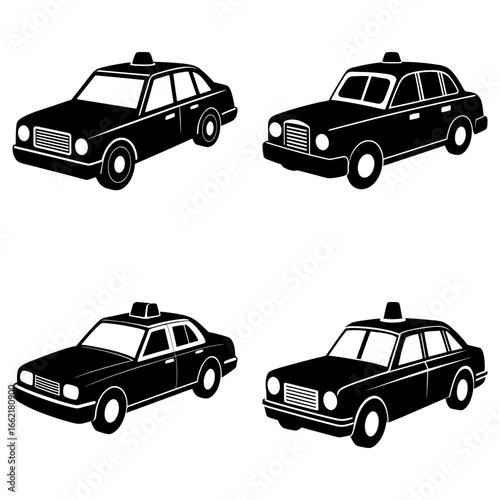 Four black and white taxi cabs are arranged on a white background in a simple graphic illustration style