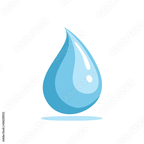 Stylized Blue Water Droplet with Highlight and Subtle Shadow on White