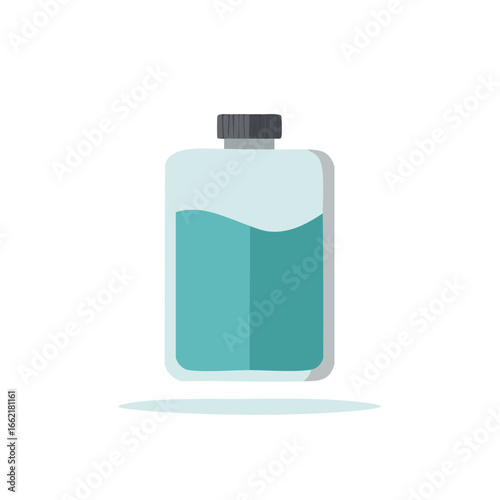 Depiction of a cyan liquid in a rectangular bottle with a ribbed dark gray cap, hygiene product container or liquid solution for a medical purpose