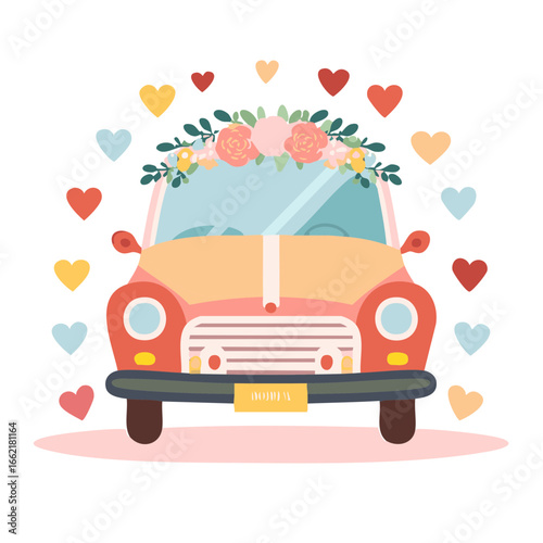 Adorable Pastel Car Decorated with Flowers and Hearts Celebrating Love and Romance on White Background