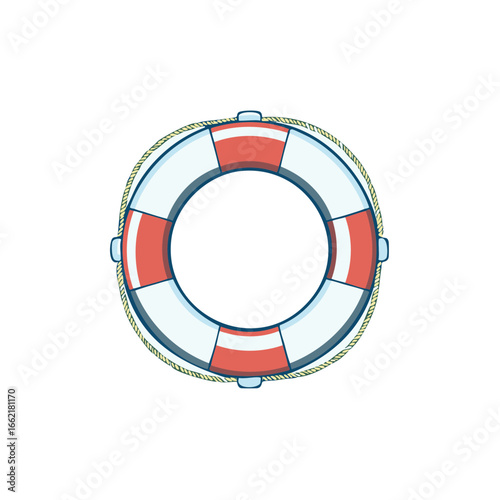 Cartoon illustration of a red and white life preserver with a rope, safety equipment icon