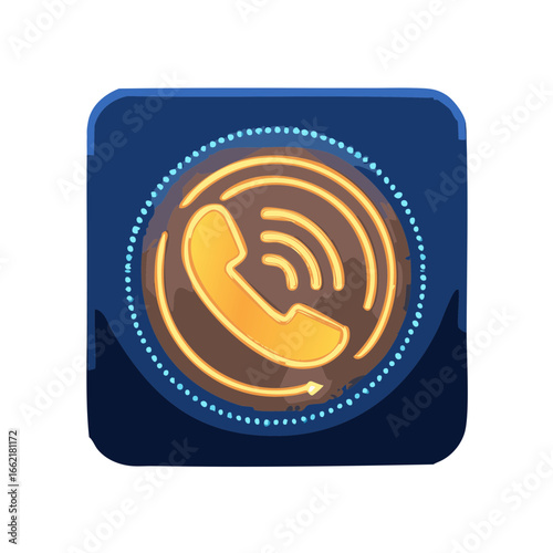 Illuminated Phone Receiver Icon with Signal Waves and Border Dots on Rounded Square