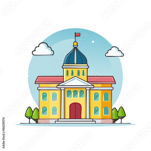 Cartoon government building illustration with dome, red flag, and landscape with trees and clouds.