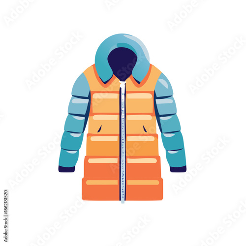 Stylish orange winter puffer coat with blue details and a hood, a cozy fashion icon for chilly days