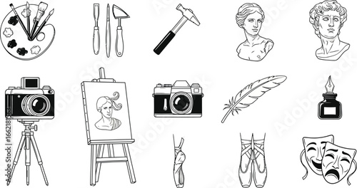 A collection of artistic tools and symbols including painting sculpture and performing arts elements