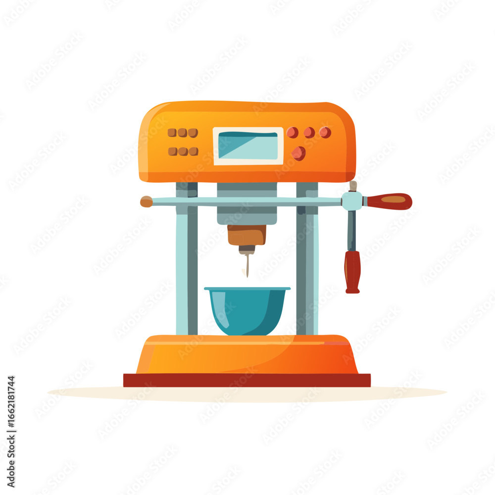 Fototapeta premium Orange Espresso Machine Preparing Coffee with Blue Bowl in Vector Illustration