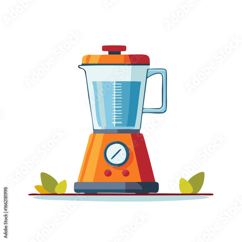 Stylish orange kitchen blender appliance illustration with a carafe filled with water, smoothie maker or food processor.