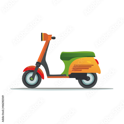 Colorful Retro Scooter: Classic Motor Vehicle, Vintage Transportation, City Travel, Green and Orange Moped