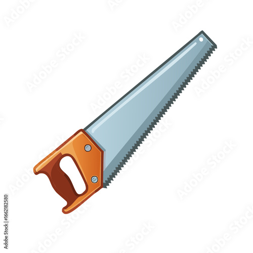 Illustration of a hand saw with a wooden handle and metal blade for wood work