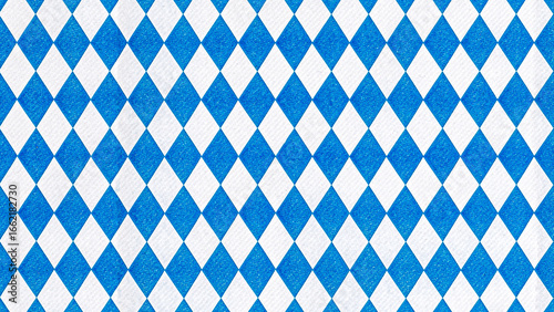 Traditional Oktoberfest Bavarian flag pattern with blue and white diamond design festive background for beer festival celebration in Germany