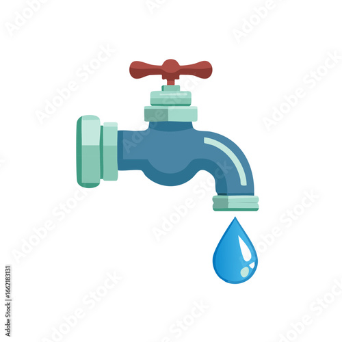 Leaking faucet graphic illustration depicts water conservation and plumbing fixture, symbolizing water usage and resources.